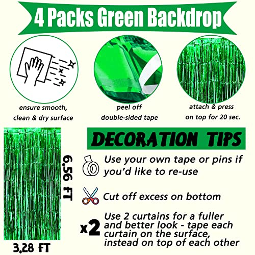 Image of 4 Pack Green Fringe Curtain Backdrop, 3.2Ft x 6.6Ft Metallic Tinsel Foil Fringe Streamers Background for Photo Booth Birthday Wedding Baby Shower Carnival Easter Mother's Day Party Decorations