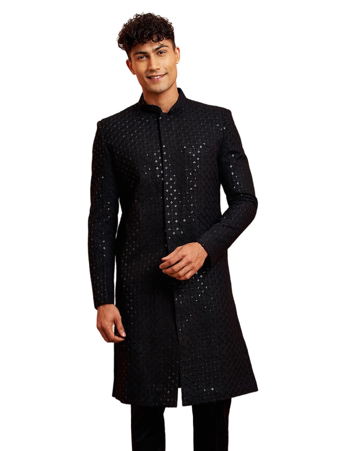 Men Black Rayon Sherwani - Sequin Embroidery Mandarin Collar Festive