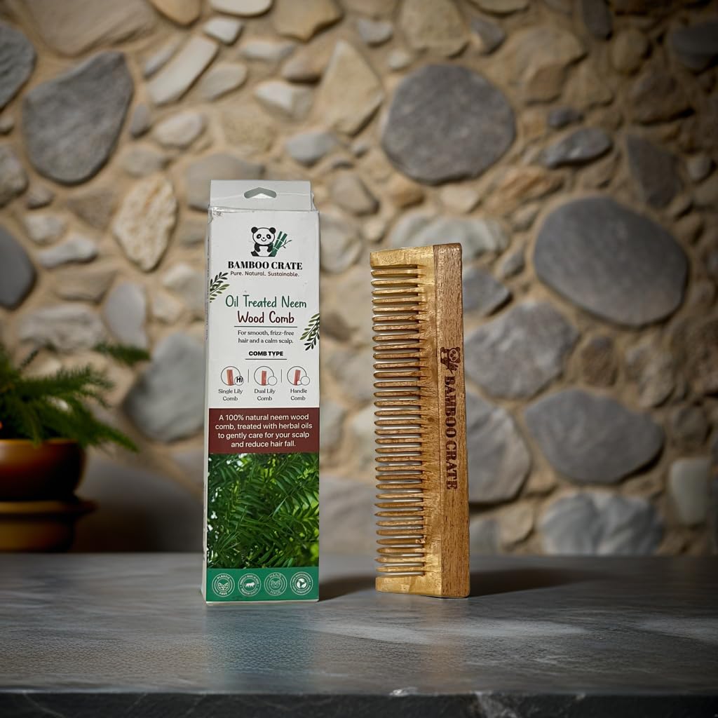 Bamboo Crate Neem Wood Comb for Hair Growth | Single Teeth | Anti-Static, Scalp-Friendly & Eco-Friendly