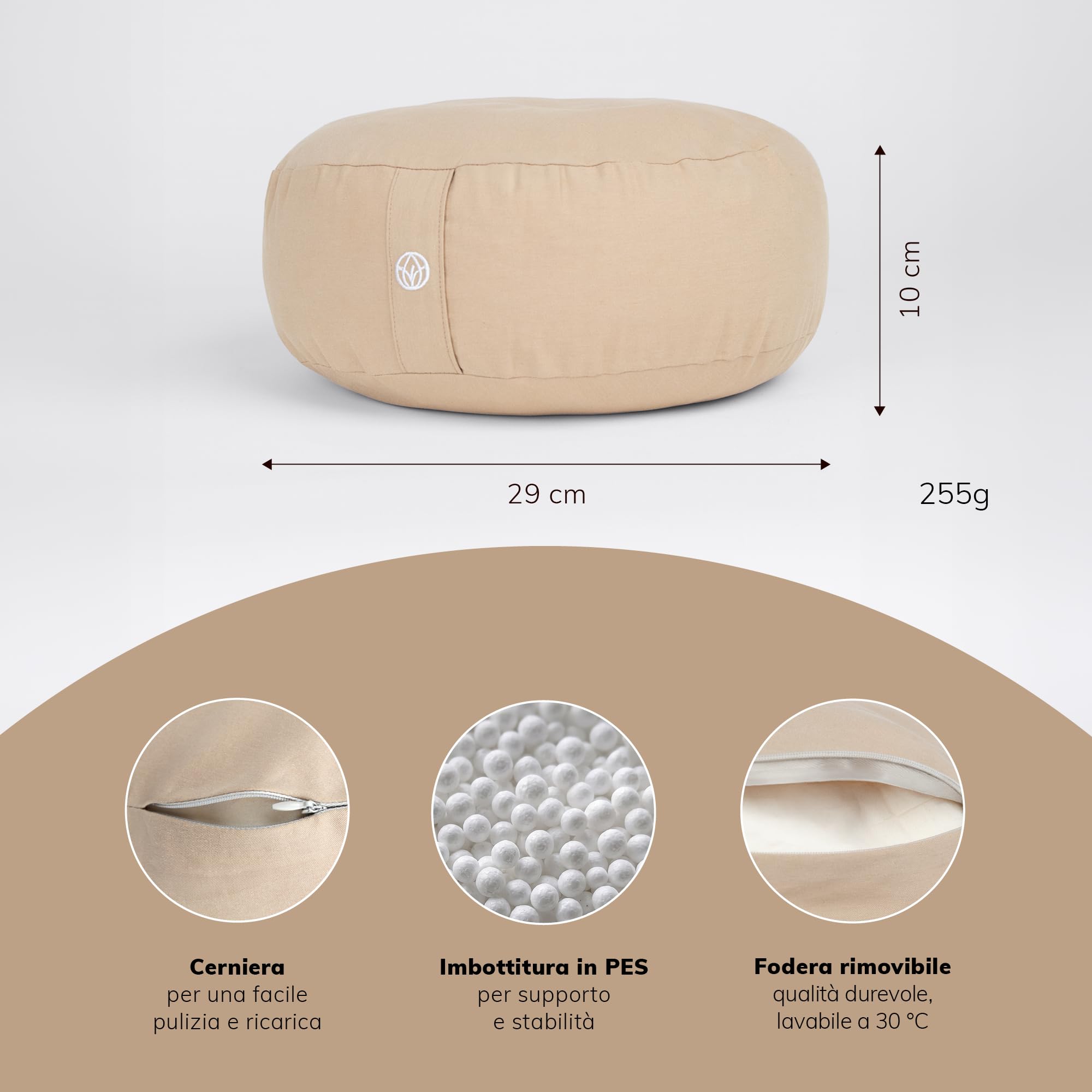 MYLILY Cuscino Yoga Meditazione – cuscino yoga rotondo Ø 29 cm – 10 cm piatto & 255 g leggero – cuscino pavimento con fodera cotone lavabile – vegano – Beige