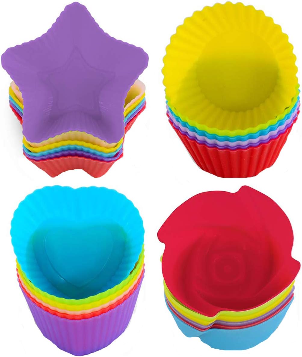 Silicone Cupcake Molds - WENTS 24 Pack Reusable Nonstick Baking Cases Muffin Rainbow Cupcake Molds for Making Muffin Chocolate Bread Cakes Ice Creams Puddings Jelly Random Color