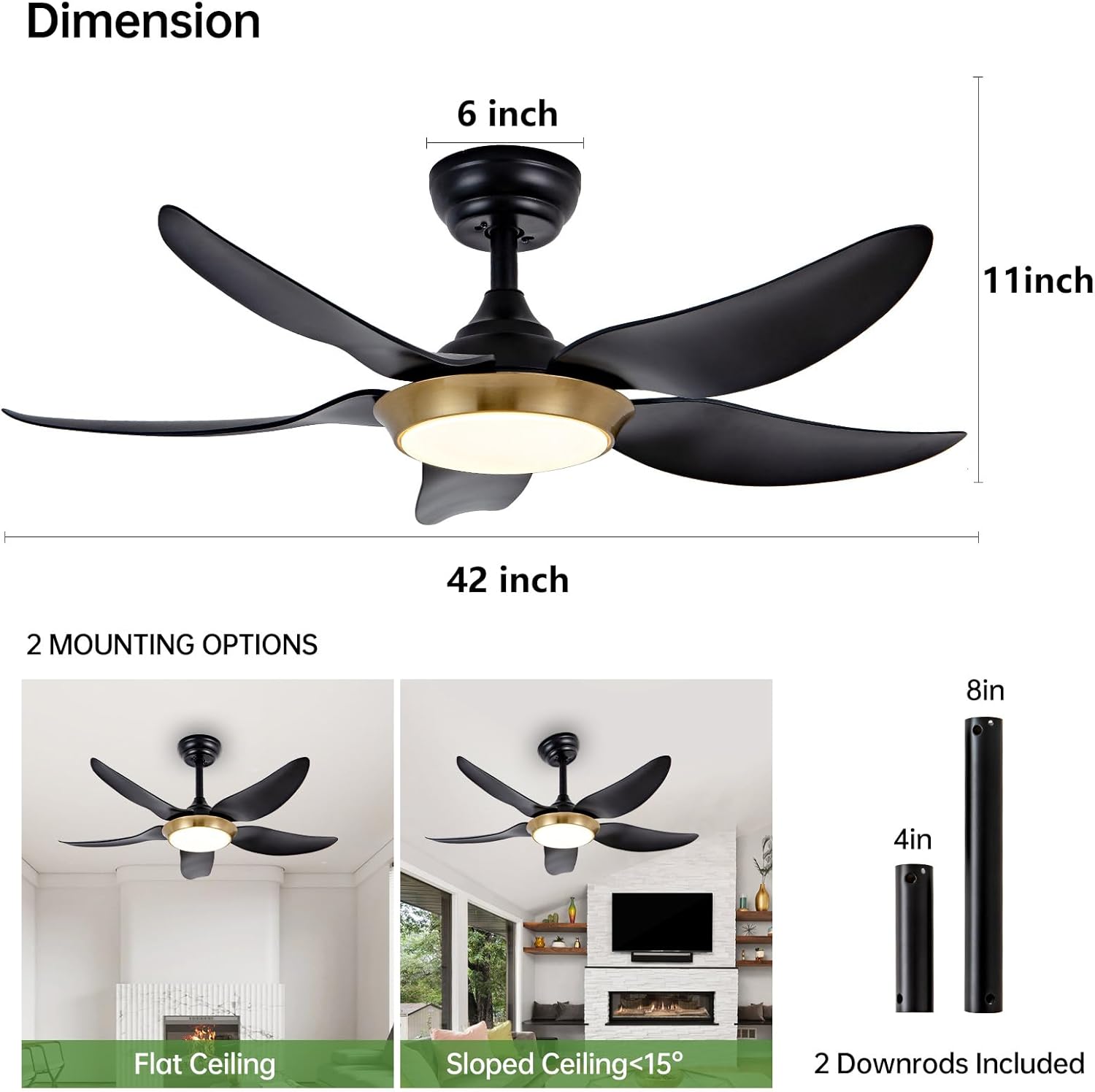 Outdoor Ceiling Fan with Light - RGB Function and Dimmable LED via Remote & APP, 6-Speed Reversible DC Motor, Quiet Modern Design for Gazebo Pavilion Bedroom Living Room, 42 Inch Black Gold