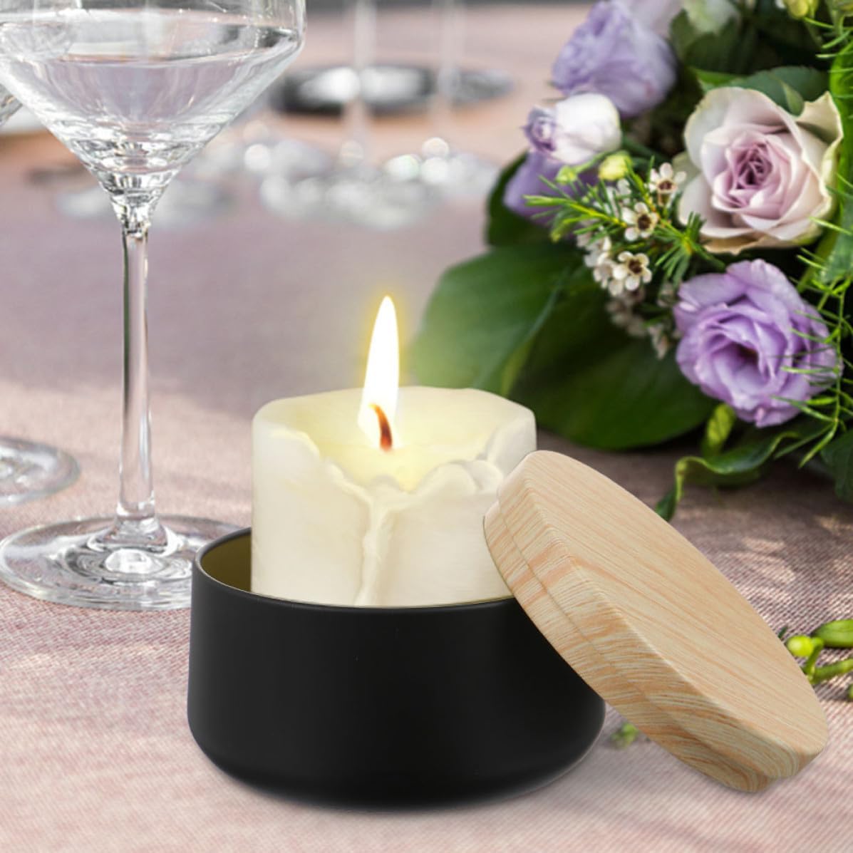 Healifty 8pcs Tinplate Candle Containers with Wood Lids for Candle Making and Storage, Black Travel Storage Boxes Suitable for Home Decoration and Banquets, Modern Rustic Style