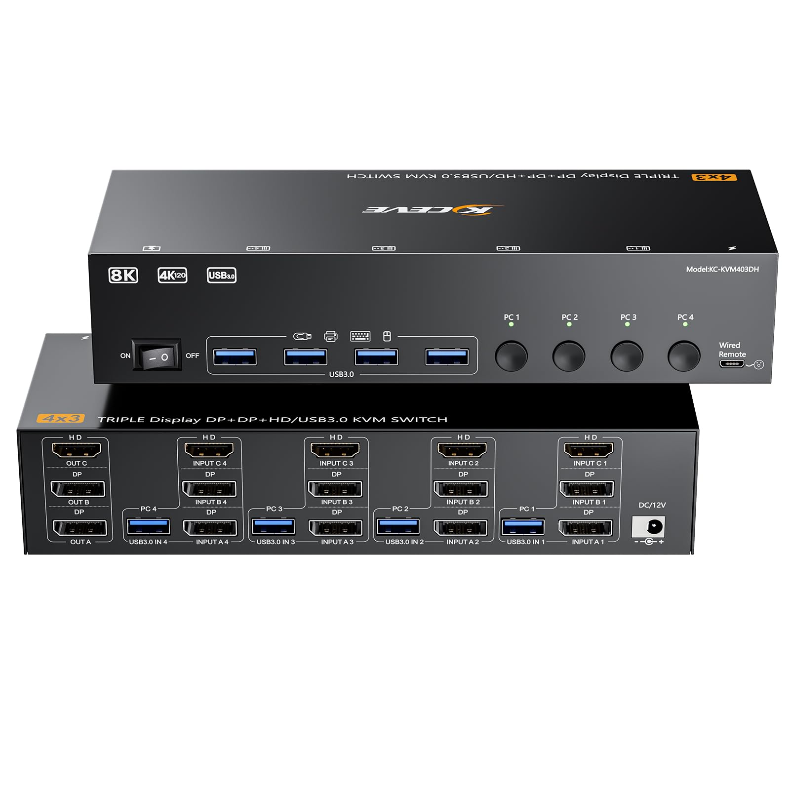 KVM Switch 3 Monitores 4 PC, 2 DisplayPort + 1 HDMI Conmutador KVM USB 3.0, compatible con 4K@60Hz para 3 ordenadores que comparten 2 monitores DP, teclado y ratón