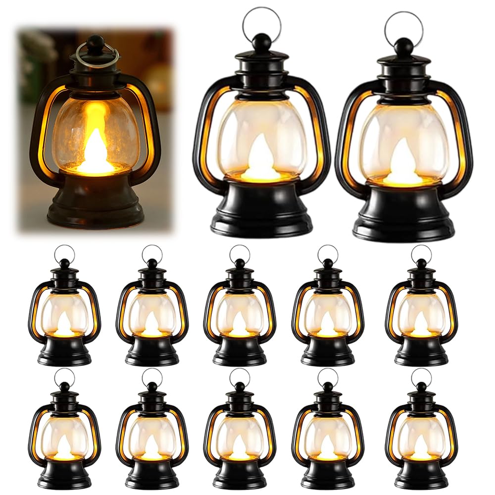 12PCS Mini Lanterne a LED, Mini Lanterna Natalizia, Lanterna a LED, Vintage Candele Lanterne Appendere, Decorazione Da Tavolo Per Centrotavola Halloween Natale Festa