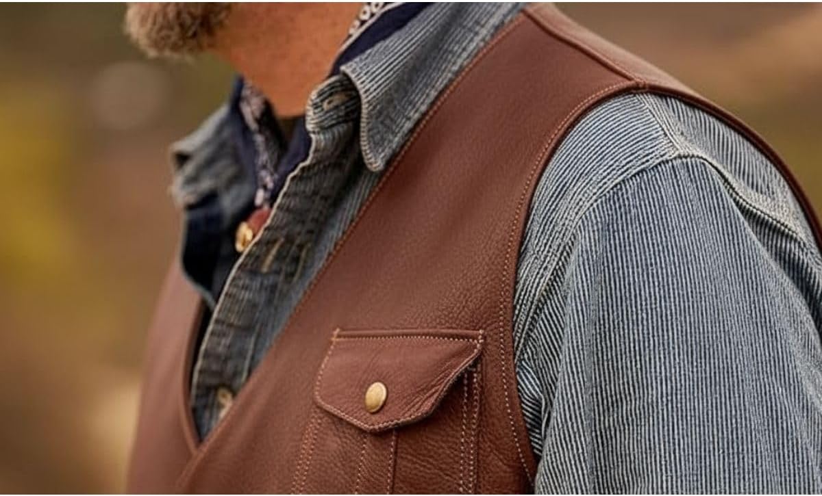 Men Genuine Cowhide Leather Brown Vintage Waistcoat, Western Sleeveless Vest Cowhide