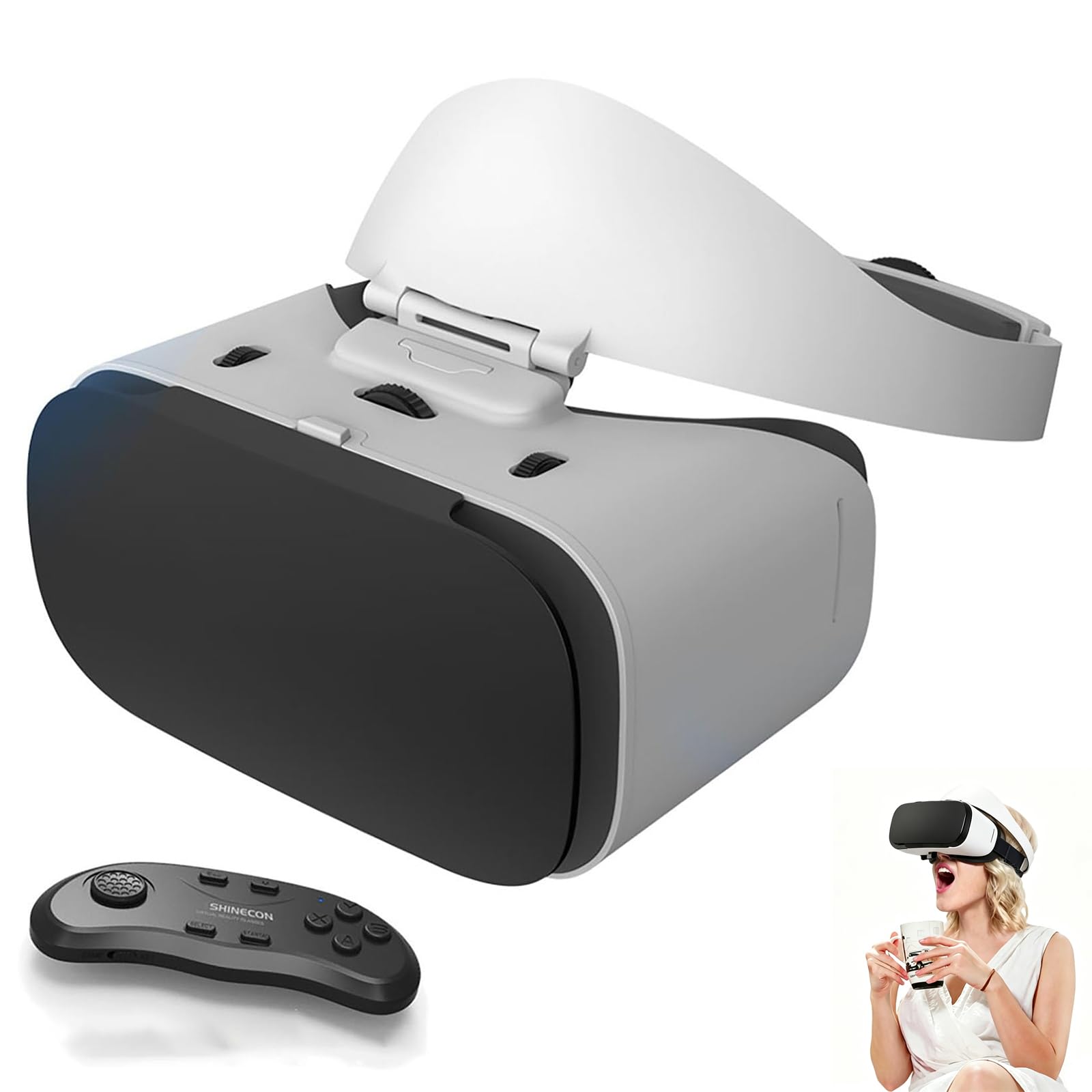 Visore VR Compatibile con Schermi 4,7-7,0 Pollici, Occhiali per Realtà Virtuale 3D con Campo Visivo HD 100° E Controller per Giochi, Film E Video VR, Distanza Interpupillare Regolabile,B01 Handle