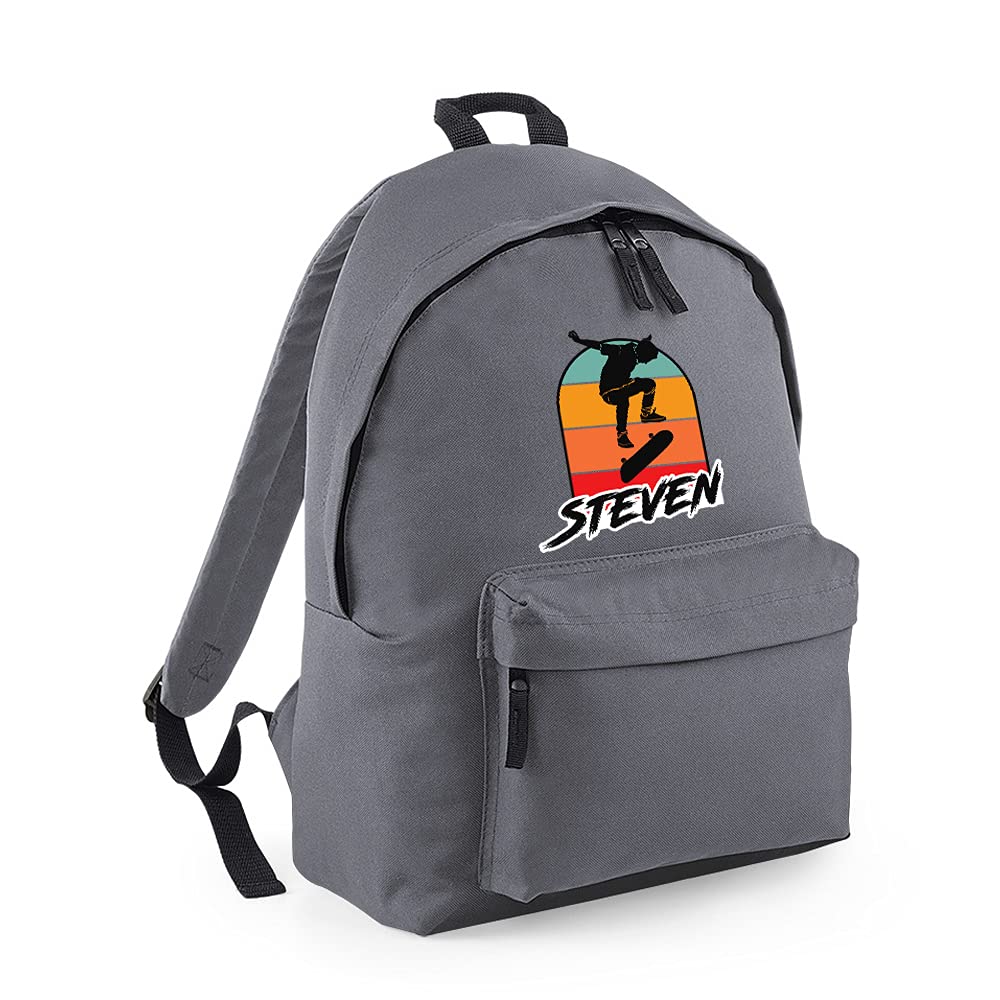 Getagift Personalised ANY NAME Skateboarding, Silhouette Skater, Skateboarder Gift for Unisex Kids Boys/Girls/Toddler/Children, Fashion Backpack for Nursery, Rucksack Shoulder Bag. (Graphite Grey)