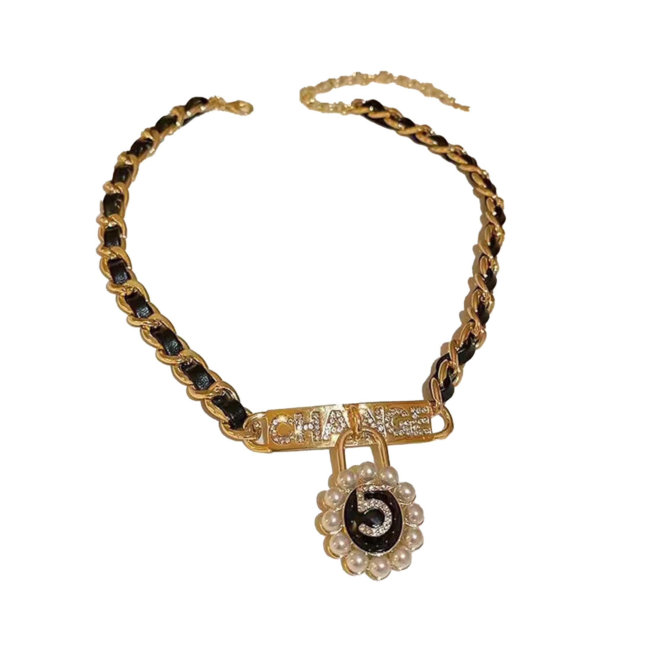 CareUTooFashion Retro Shiny Personalized Adjustable Women's Metal Wrapped Leather Digital 5 Pendant Imitation Pearl Necklace, Metal, Pearl