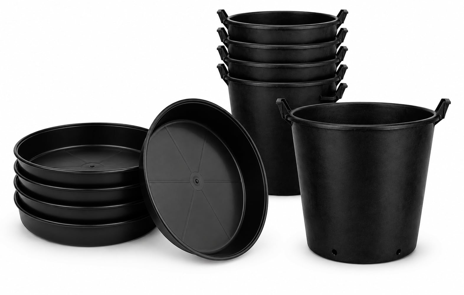 Muddy Hands Heavy Duty 50 Litre Planting Buckets with Handles & 50cm Plant Pot Saucers Set – Large Plastic Garden Grow Pots with Drainage Holes for Vegetables, Flowers & Trees – Pack of 5