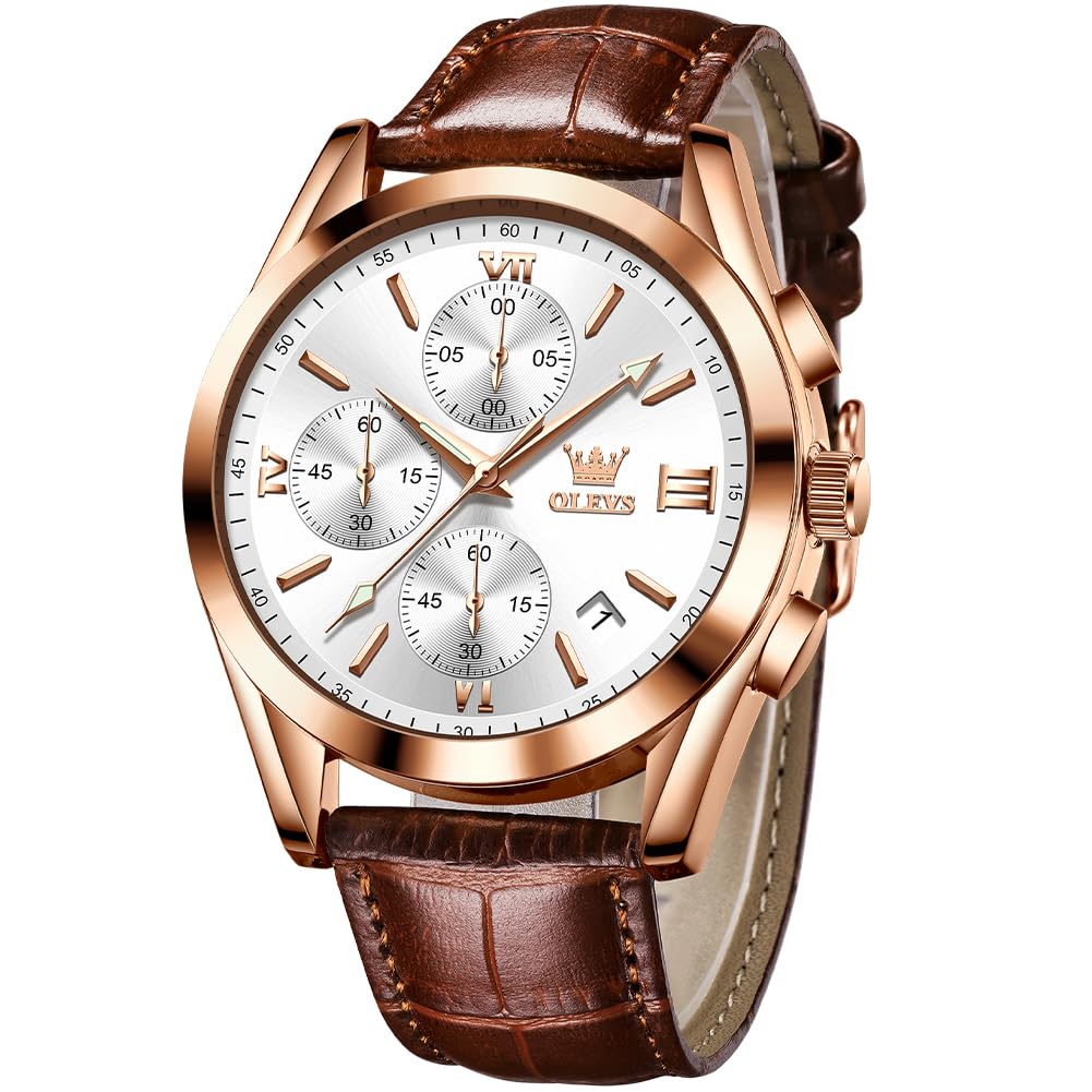 OLEVS Watches for Men Brown Leather Gold Case Analog Quartz Fashion Business Dress Watch Day Date Luminous Waterproof Casual Male Wrist Watches
