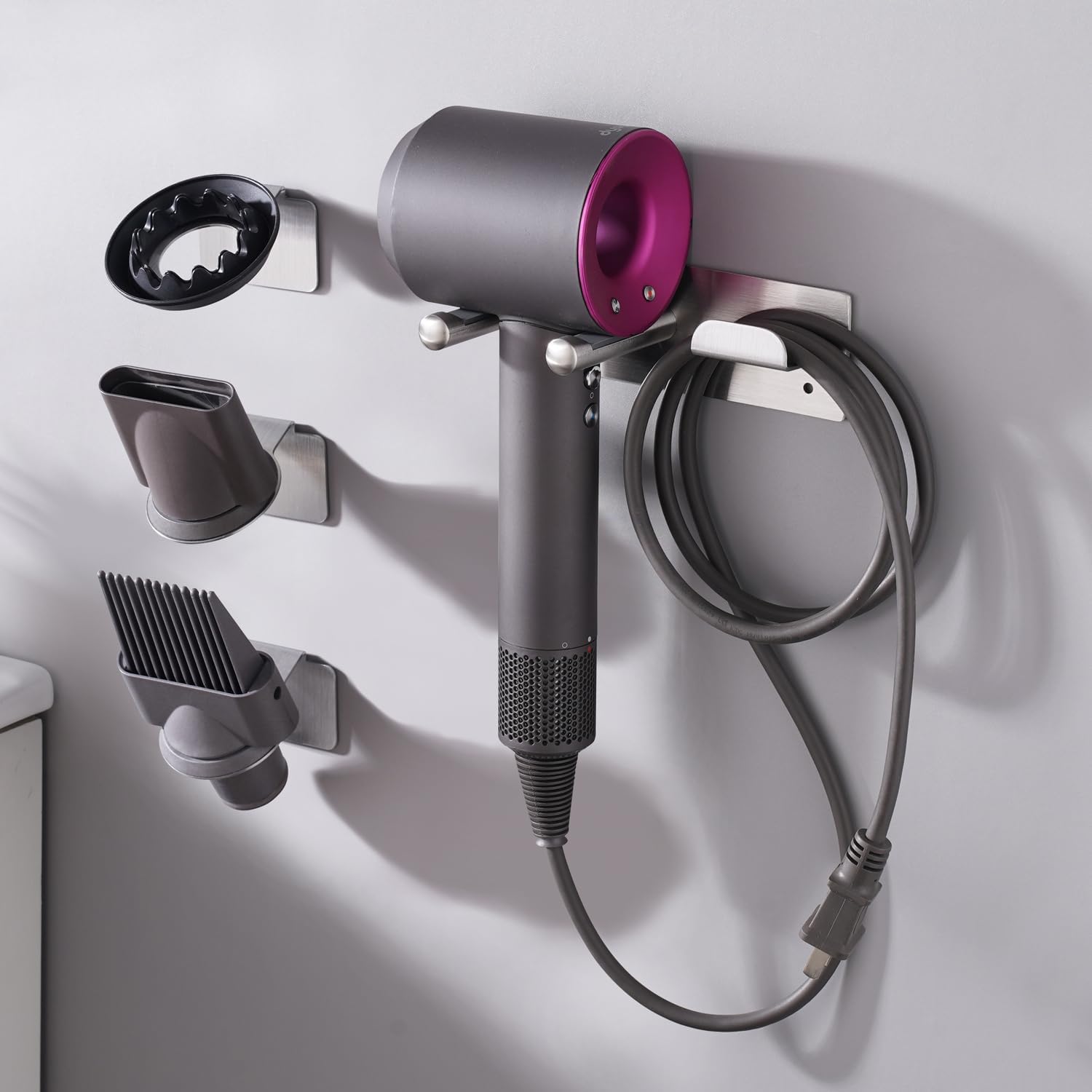 Hair Dryer Holder, Hair Dryer Holder Wall Mount for Supersonic/Nural & Attachments. Stainless Steel Hair Dryer Stand with Magnetic Rings. Hair Tool Organizer for Bathrooms Silver BANJEKT