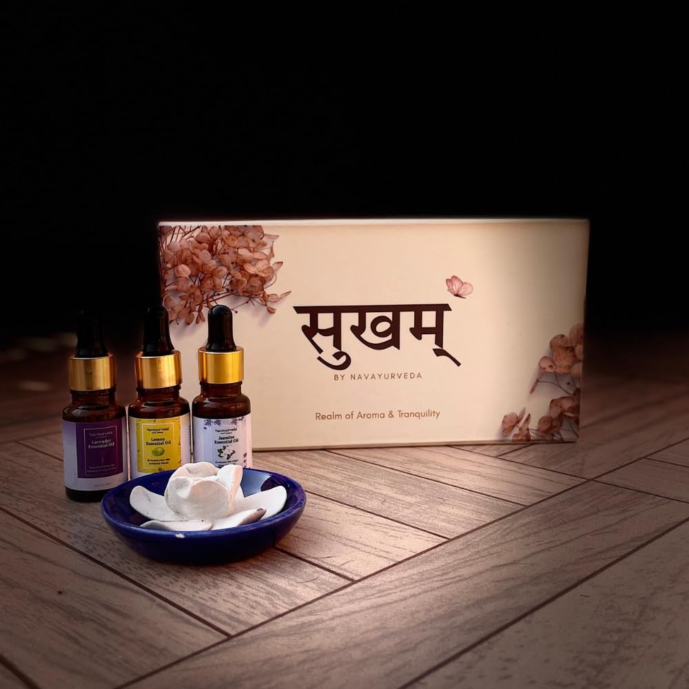 NavAyurveda Sukham Kit: 3 Essential Oils (Each 10ml) with no-flame ceramic diffuser, Suitable for Valentine's gifting, Birthday & Luxury gifts