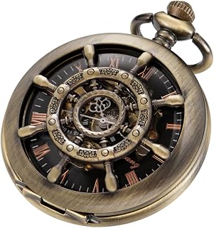 Rudder Design Mechanical Pocket Watch Hand Wind Roman Numerals Men Steampunk with Chain Box