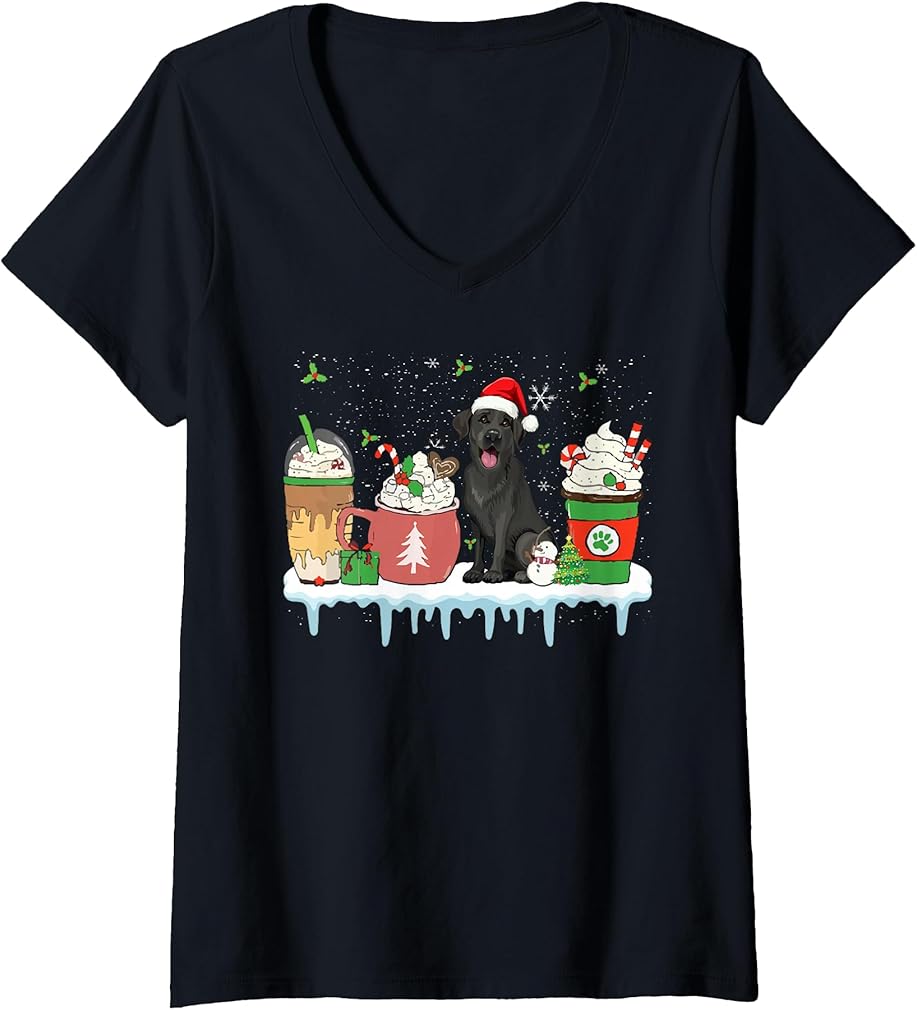 Womens Black Lab Coffee Latte Winter Christmas Dog Mom Holiday V-Neck T-Shirt
