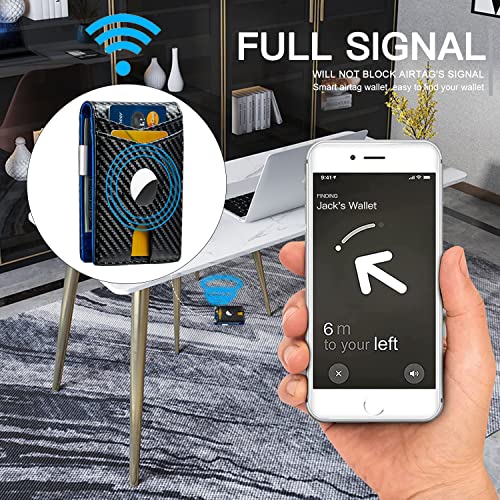 Huztencor AirTag Wallet, Mens Slim Wallet with Money Clip RFID Blocking Bifold Credit Card Holder Case for Apple Air Tag Carbon Fiber Black and Blue2