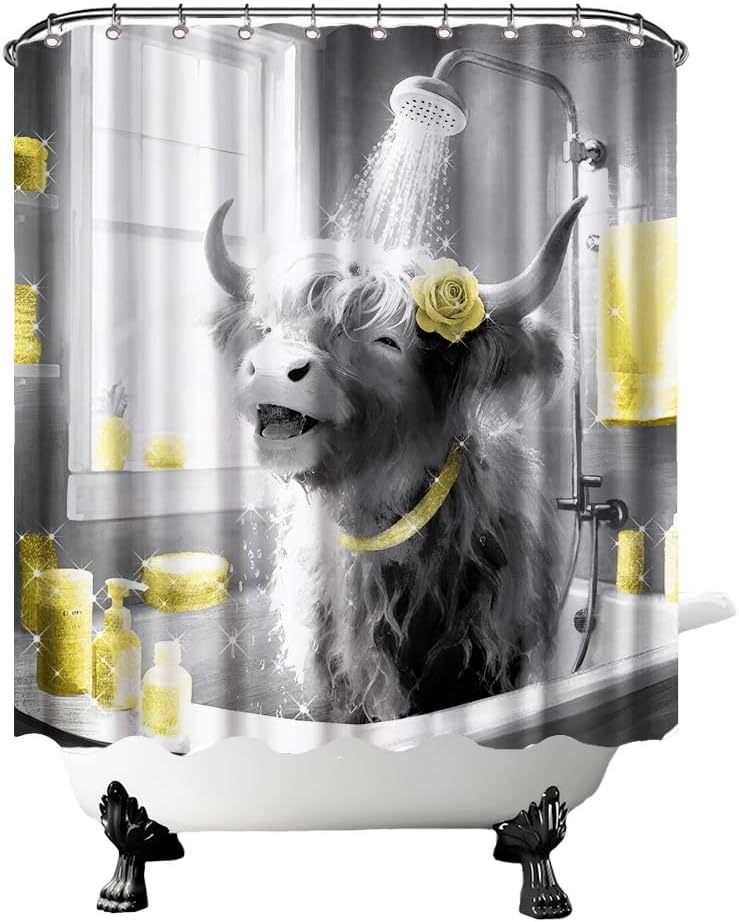 FuShvre Highland Cow Shower Curtain Black and White with Pink Accents Bathroom Curtain Funny Bathroom Decor 72x72 inches with 12 Hooks (Pink)