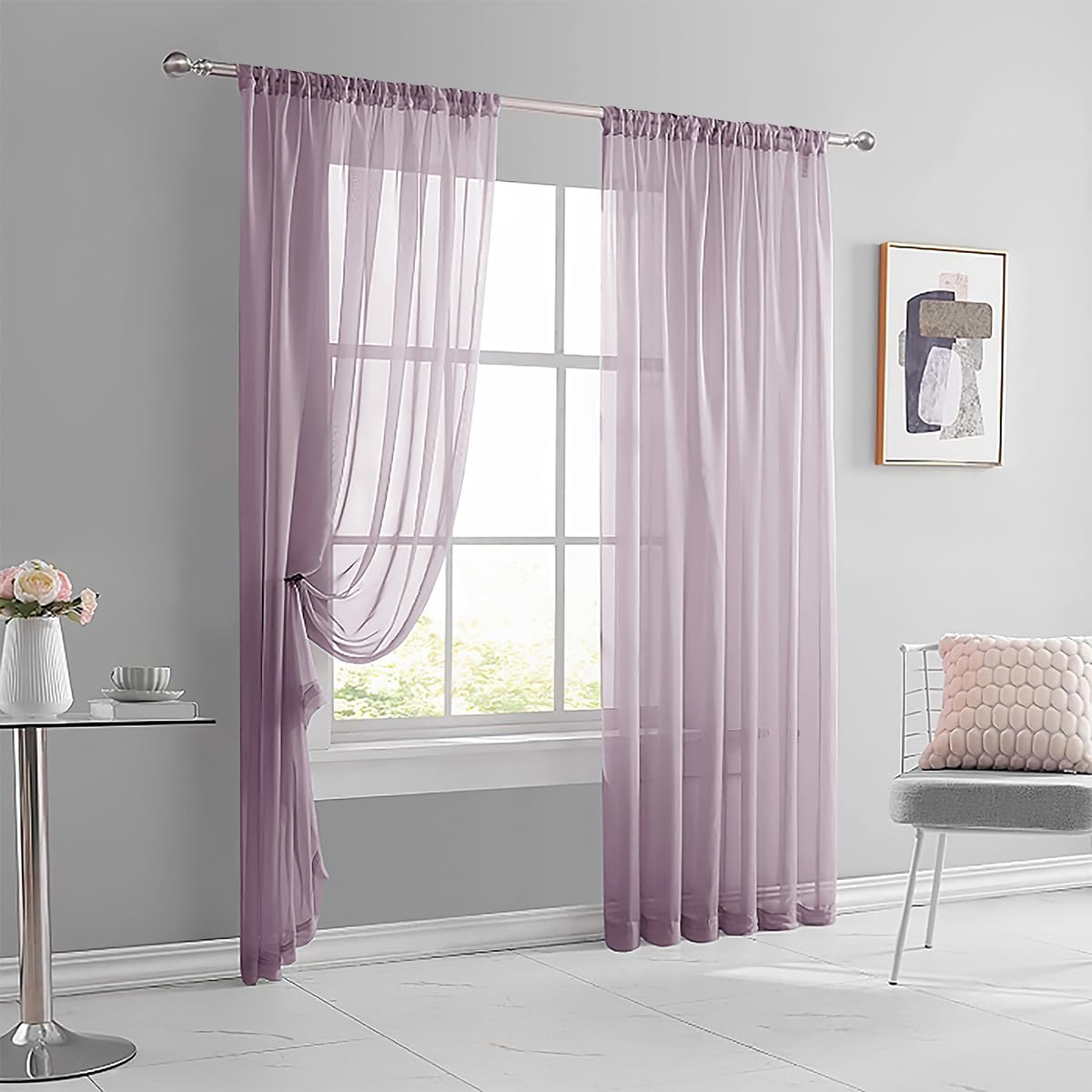 Cortinas transparentes moradas de 42x84, elimina reflejos molestos y decora tu salón con luz