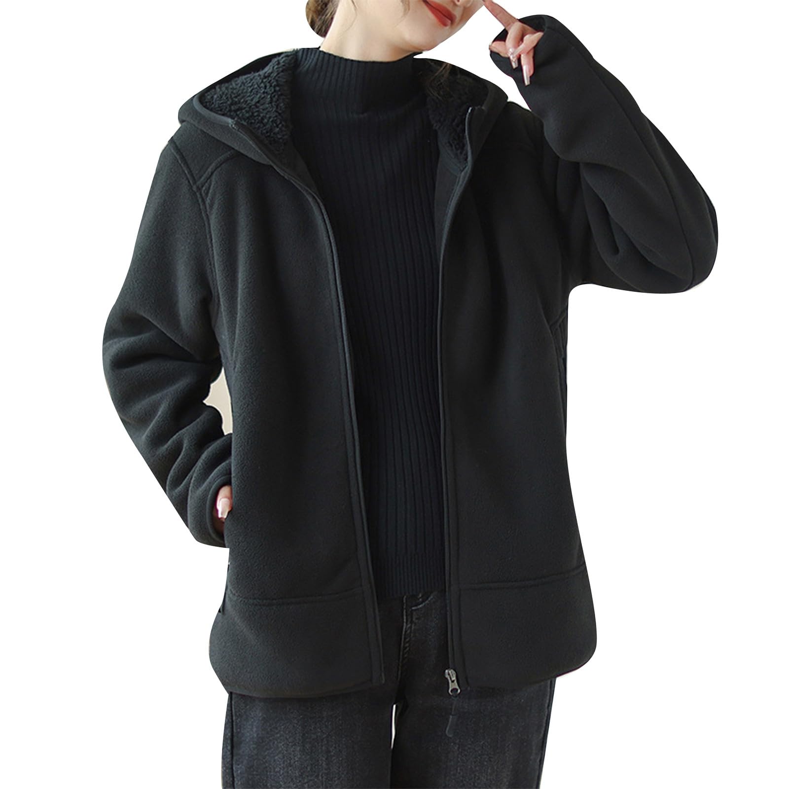 Generisch Jeansjacke Damen Weiß Doppelfleecejacke Verdicken Reißverschluss Langarm Kapuzenmantel Winteroberbekleidung Mit Taschen