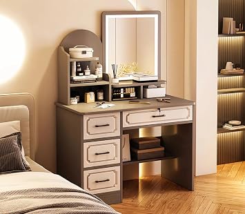 Dresser Vanity, Multifunctional Vanity Storage Furniture with Mirror and Lights with 4 Pieces with 3 Color Adjustable Lights 80*40*137cm4 Drawers,Grey + Warm White Square Mirror LED Lights