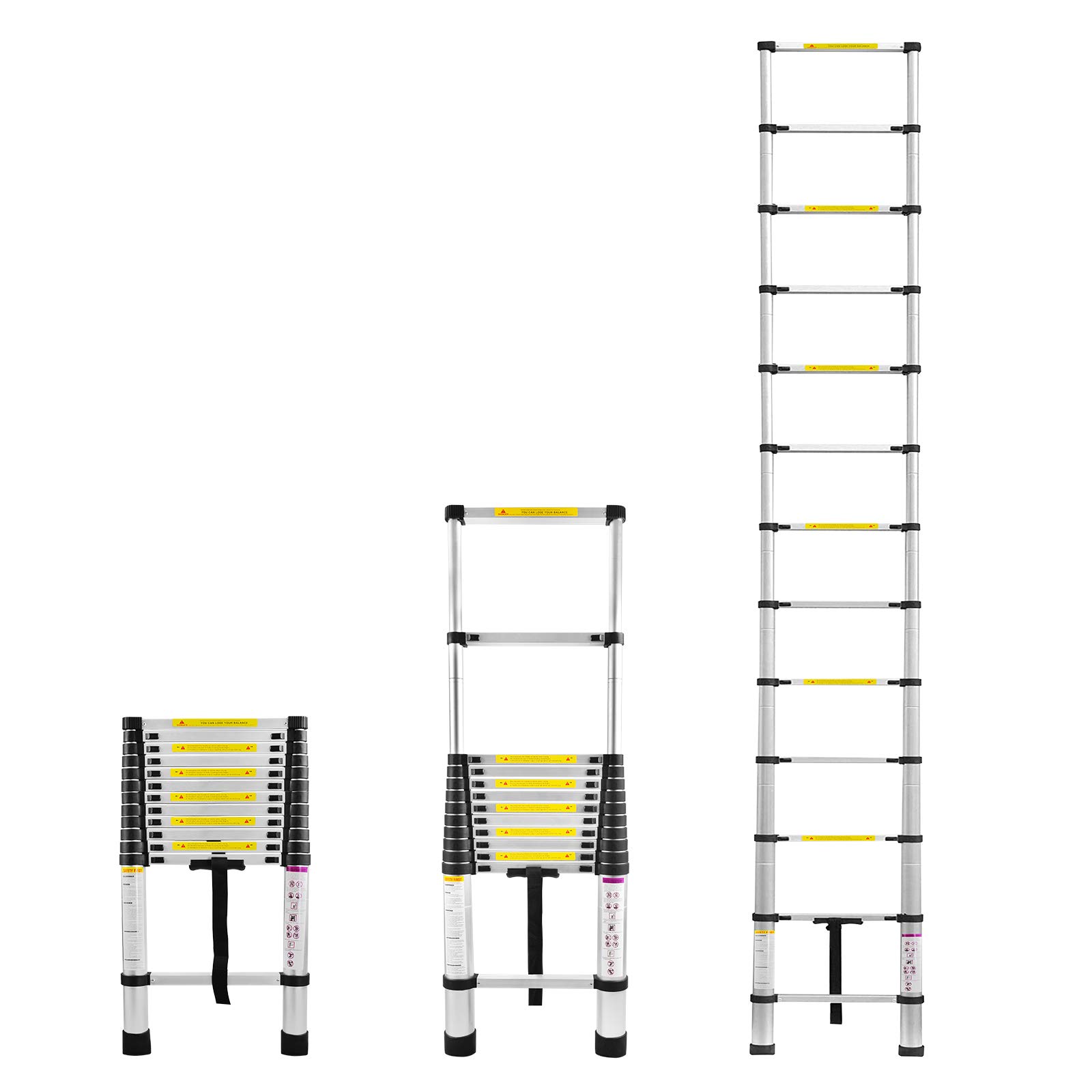 LARS360 Drabina teleskopowa 3,8 m, wielofunkcyjna drabina aluminiowa, obciążenie 150 kg, wysuwana drabina aluminiowa na strych/dach wspinaczkowy/do użytku biurowego/prac budowlanych (srebrna + czarna)