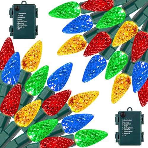 Lumières de Noël C6 à 50 LED C6, 50 m, lumières de Noël C6 à piles, éclairage saisonnier pour intérieur et extérieur, arbre de Noël, jardin, terrasse, fête, décoration de Noël multicolore