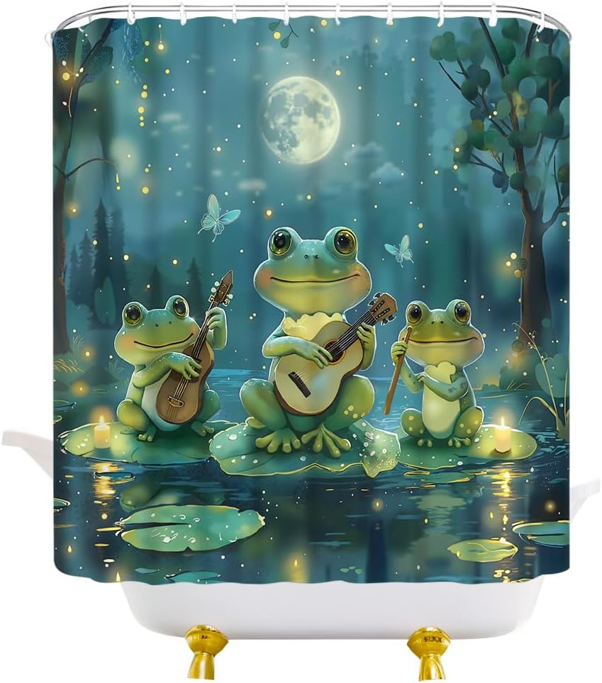 Funny Frogs Shower Curtain Cute Animals Moon Fantasy Fabric Bathroom Decor Curtains with Hooks, 70" Wx78 H