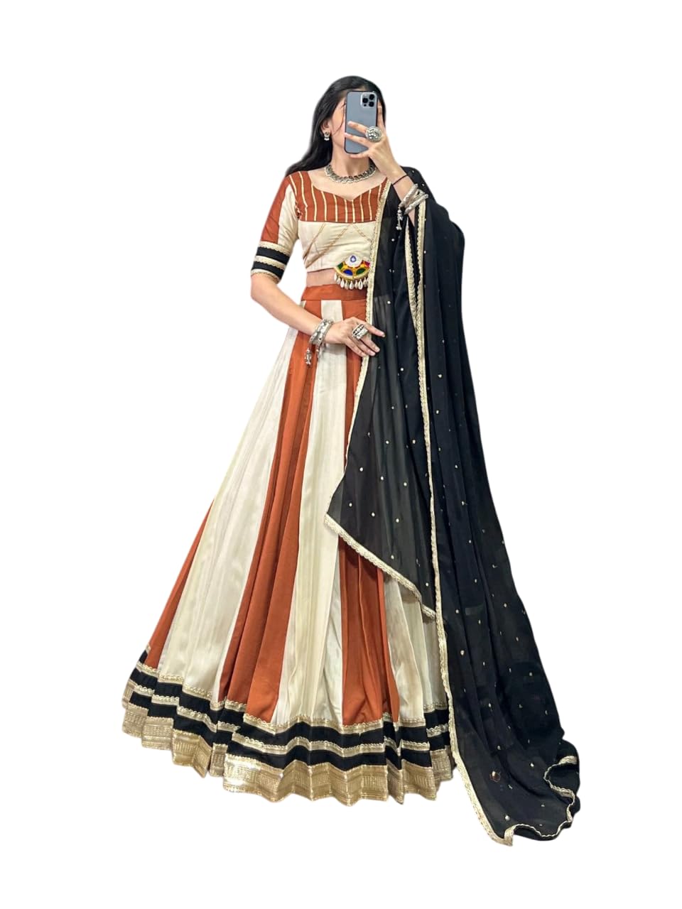 Women's Striped Rust and Ivory Lehenga Choli for Garba-image-45