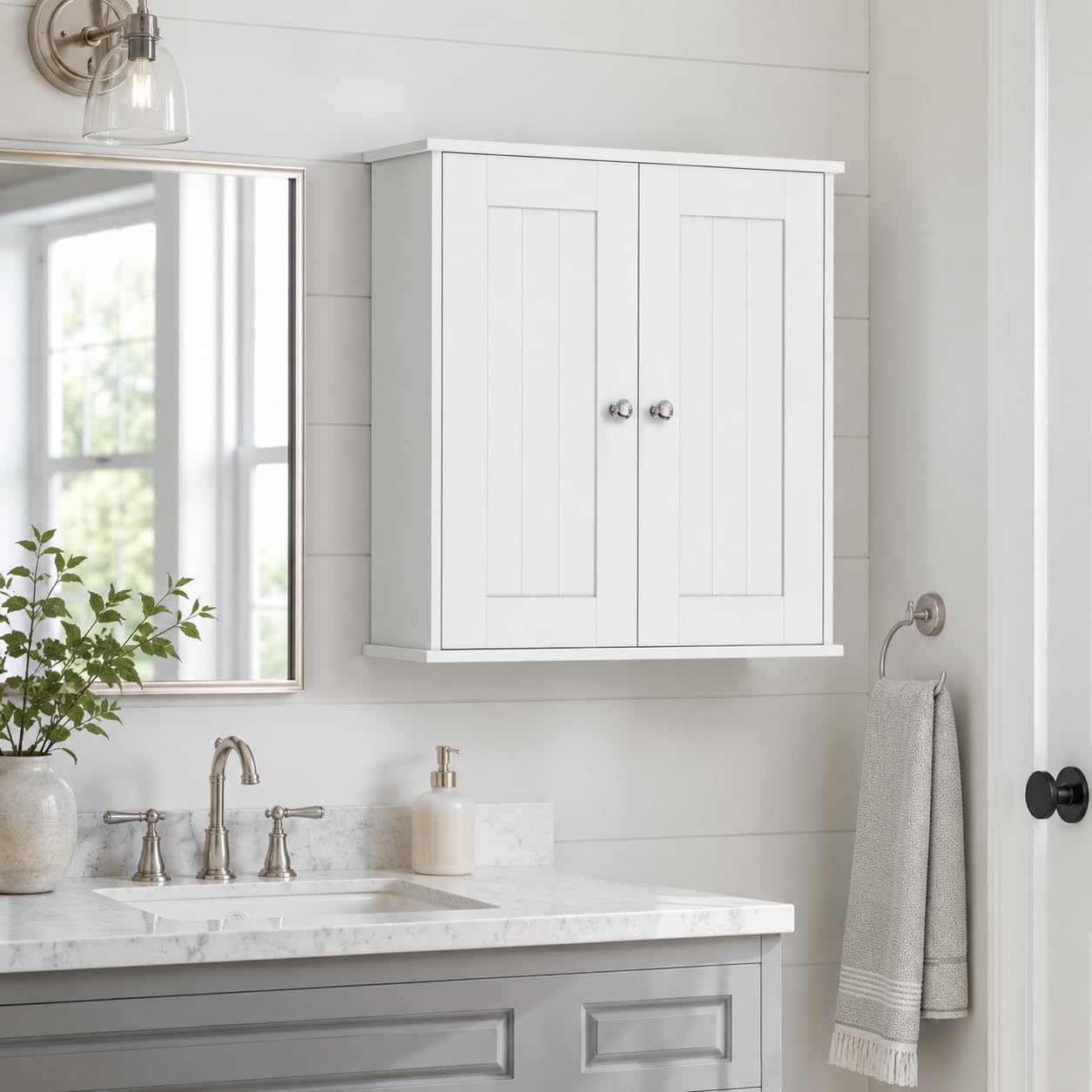Armoire Murale de Salle de Bain à 2 Portes, Blanche | Étagères réglables, rangement au-dessus des toilettes, pour salle de bain, cuisine, entrée et buanderie