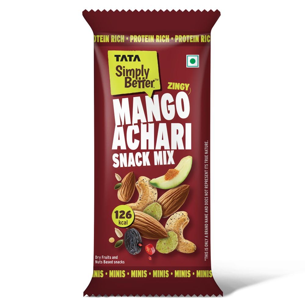 Tata Simply Better Mango Achari Flavored Snack Mix, 25g (Single Serve), ‎Raisins, Roasted Seeds, Nuts, & White Soybean, Party Snack, No Palm Oil, No Trans Fat, Ready To Eat Snack