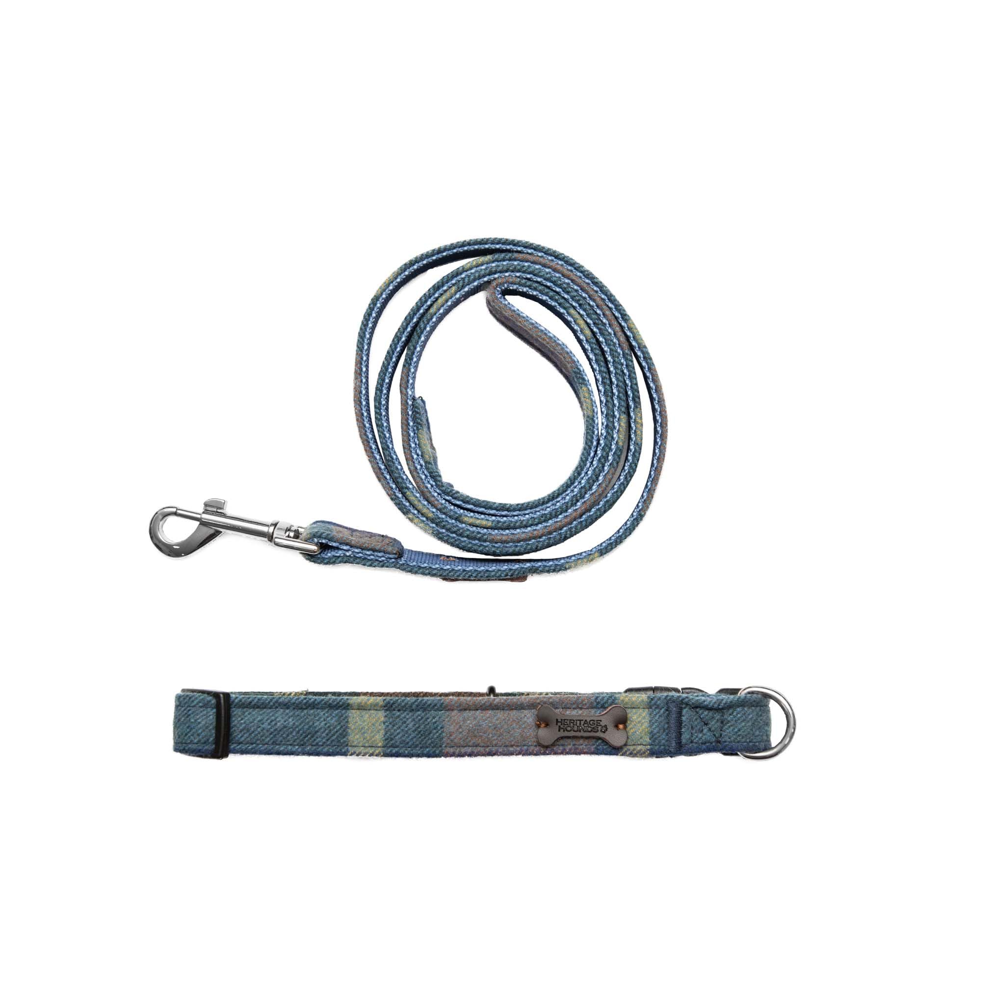Heritage Hounds Tweed Dog Collar and Lead Set (Large, Blue Check)
