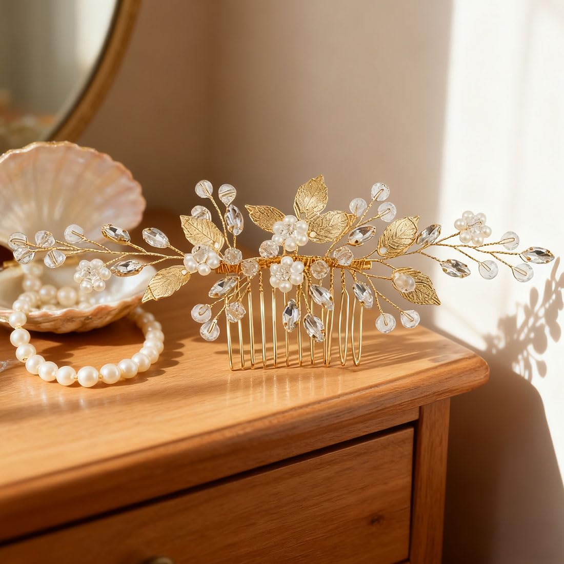 Adorno Capilar de Hojas, Adorno de Pelo de Novia para Boda con Horquillas, Flores y Hojas con Perlas y Cristal, Peine de Pelo en Oro, Peine de Novia Elegante Hecho a Mano/Pinza para Mujeres