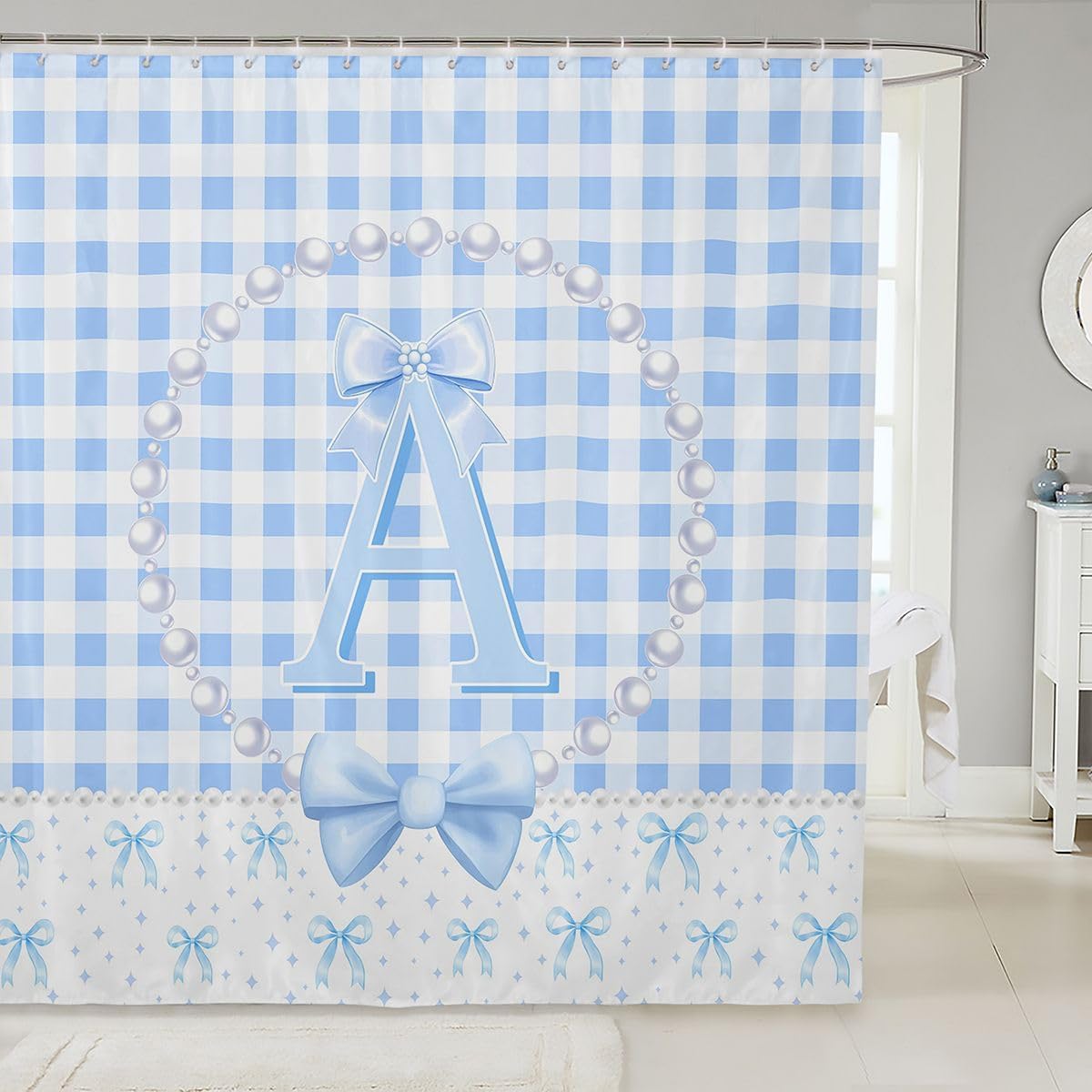Erosebridal Blue and White Bow Fabric Shower Curtain 72 x 78 Inch