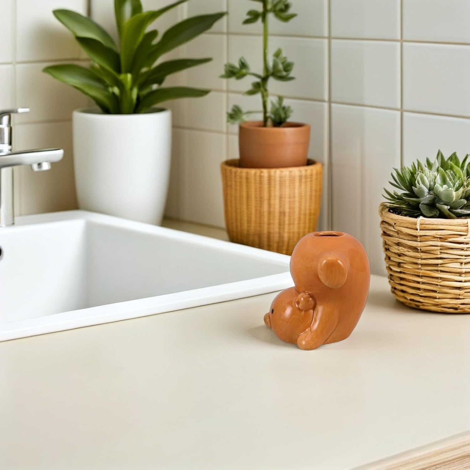 2pcs Cute Animal Toothbrush Holder for Bathroom Countertop, Ceramic Tooth Brush Organizer with Toothpick Dispenser, Brown and White Cartoon Design
