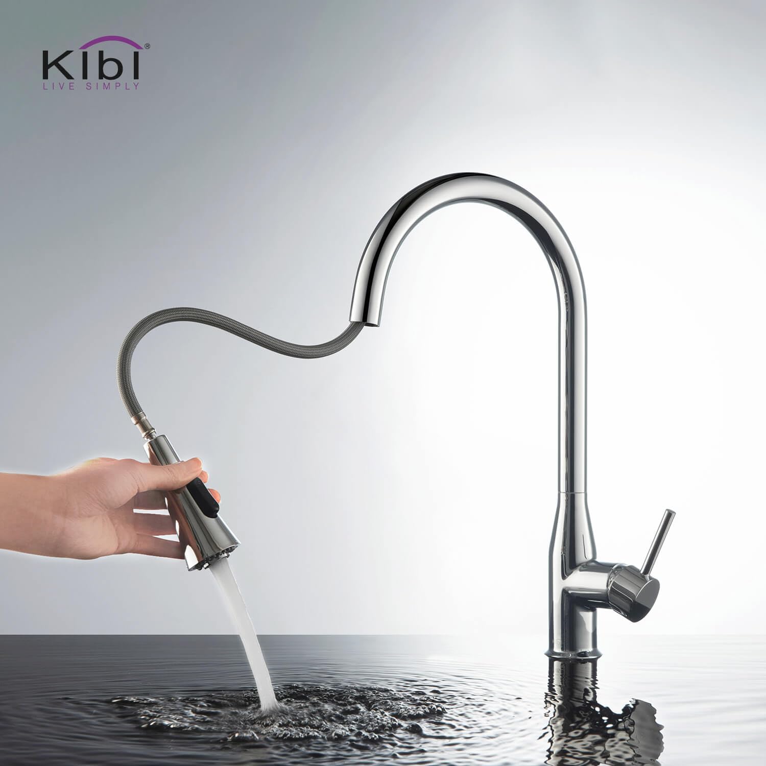 KIBI Napa Single Handle Pull Down Kitchen Faucet | Solid Brass High Arc Spout with 360° Swivel | Durable Kitchen Sink Faucet with Pull Down Sprayer for Easy Cleaning, Chrome Finish, KKF2005