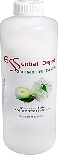 Essential Depot Stearic Acid - Triple Pressed - Vegetable Based - White Flakes - 1 lb. Net wt - Safety Sealed HDPE Container with Resealable Child Resistant Cap