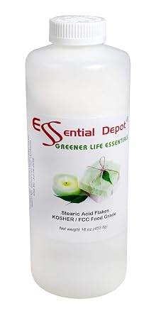 Essential Depot Stearic Acid - Triple Pressed - Vegetable Based - White Flakes - 1 lb. Net wt - Safety Sealed HDPE Container with Resealable Child Resistant Cap