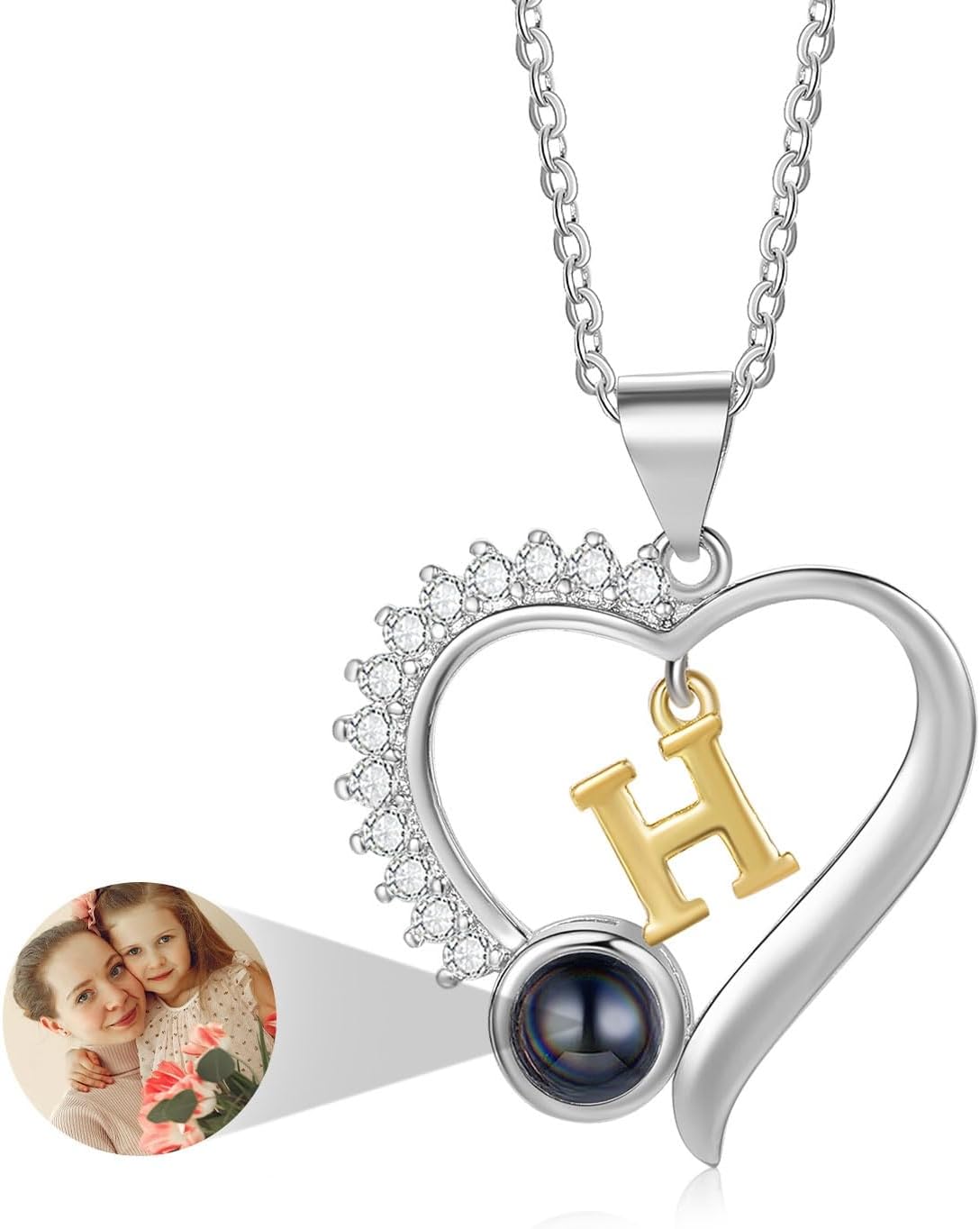 Personalized Projection Necklace with Picture Inside – Custom Initial & Photo Heart Necklace, Love Memorial Mothers Day Valentines Birthday Gift for Her Mom Wife