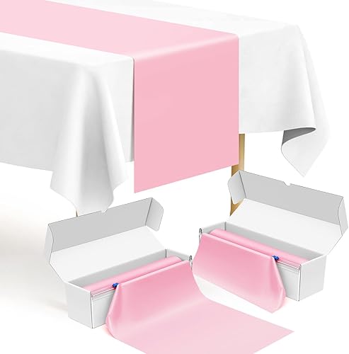 Fulmoon Rollo de camino de mesa de plástico con cortador fácil de deslizar, caminos de mesa desechables para bodas, fiestas, eventos interiores y