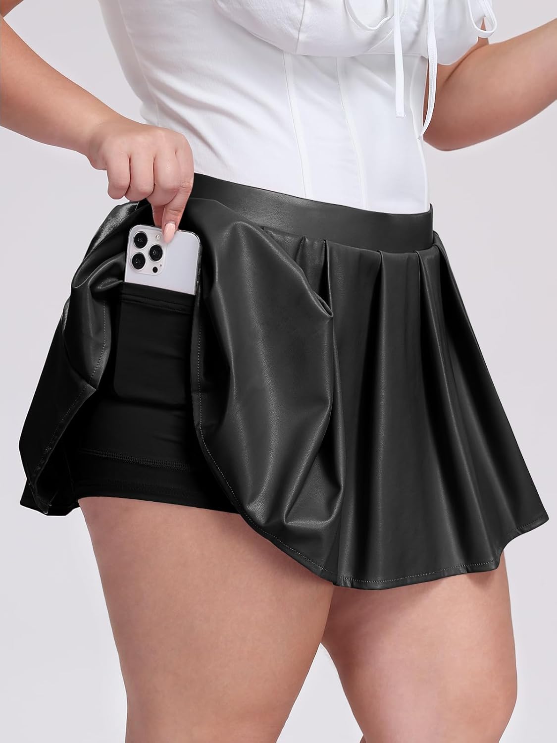 Moon Wood Women's Plus Size Pleated Skirt High Waisted Faux Leather Skirts with Pockets - Image 2