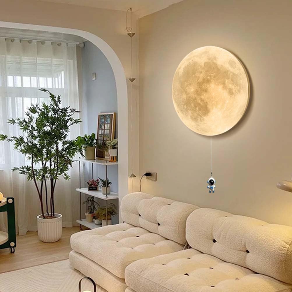 AoLa LED Mond Wandleuchte Akku Innen Kinderzimmer Wandlampe mit Schalter Modern Runde Mond Design Deko Lampe mit Astronaut 3000K Warmes Weiß Kinder Nachtlicht Mondlampe für Schlafzimmer Flur