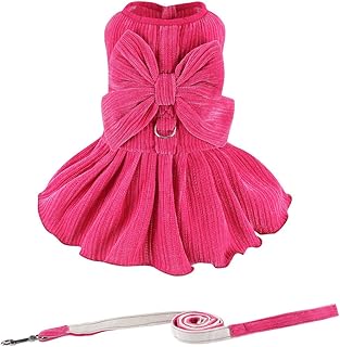 Dog Striped Dress,Pet Girl Bow Costume with Ring and Harness Leash,Dog Wedding Birthday Party Dress(Rose,Small)