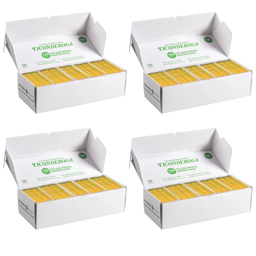 Ticonderoga Wood-Cased Pencils, Pre-Sharpened, 1000/Box, 4 Boxes | 2 HB Soft, Yellow, 4000 Pencils Total, X13100