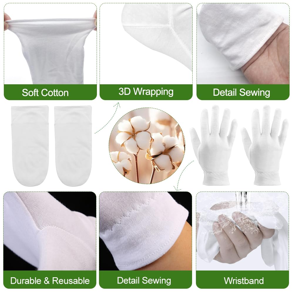 Guanti in Cotone Bianchi e Ccalzini Idratanti per Piedi Set, Riutilizzabili 2 paia Guanti in Cotone Bianco e 2 paia Calze Idratanti in Cotone per le Donne Eczema Mani Secche Cura Della Pelle e del Spa
