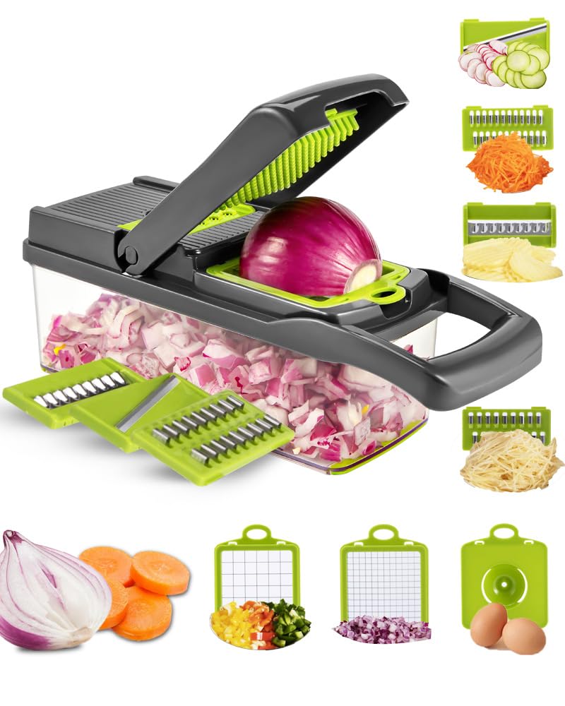 Brigii Vegetable Chopper with 12 Kitchen Gadgets - Food Chopper, Mandoline Slicer, Dicer Cutter; Vegetable Cutter for Onions, Cucumbers, Carrots, Potatoes (Gray-Green)