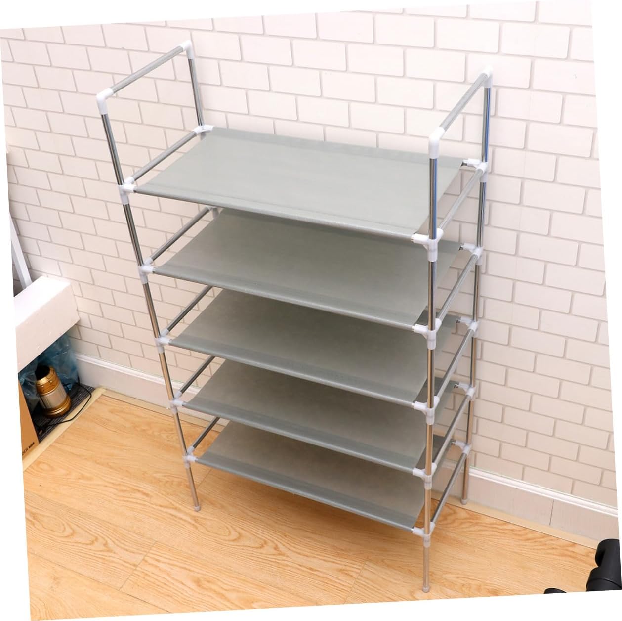 Multilayer Metal Shoe Rack with 5-Tier Iron and Fabric Shelves, Freestanding Shoe Cabinet Organizer with Handle for Home Entryway Storage