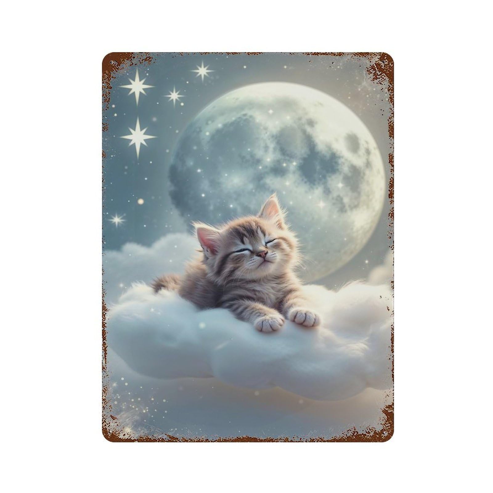 Sleeping Kitten on Cloud Weathered Tin Sign 15.7"x11.8", Ideal for Basement, Hobby Room And Garage Decor