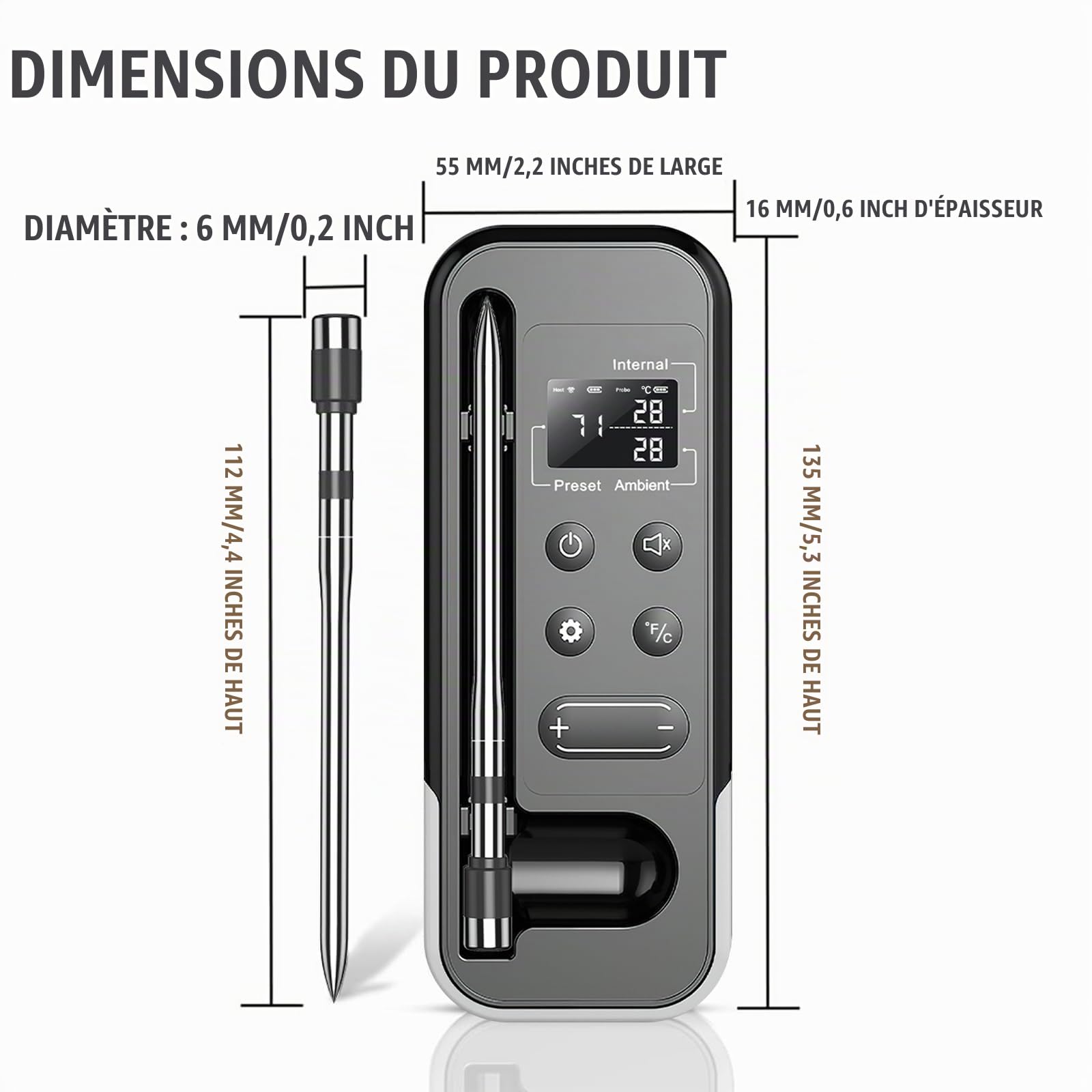 ANTELA Thermomètre à Viande Intelligent Sans Fil, 𝐁𝐥𝐮𝐞𝐭𝐨𝐨𝐭𝐡 𝟓.𝟑, É𝐜𝐫𝐚𝐧 𝐋𝐂𝐃, Contrôle APP Minuterie et Alarme, pour Gril, Four, Cuisine, Barbecue