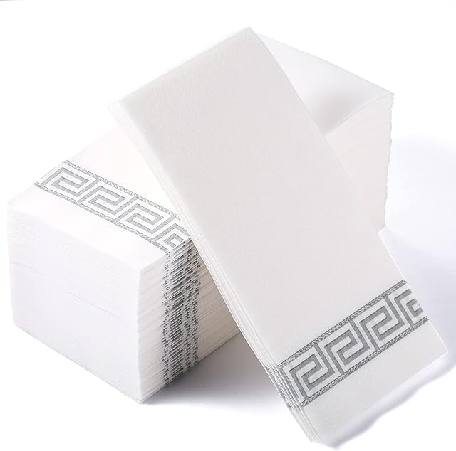 MORGIANA 100PCS Linen Feel Silver Napkins, 100 Pack Disposable Hand Towels, Silver and White Guest Towels for Chrismas, Bathroom, Wedding, Hotel Party