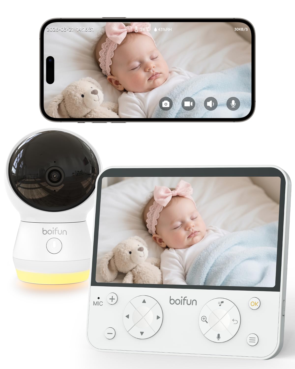 Boifun Baby Monitor 5.5" Video Audio 4MP 360° Zoom 4X WiFi AI Intelligente Audio Bidirezionale Luce Notturna 4000mAh
